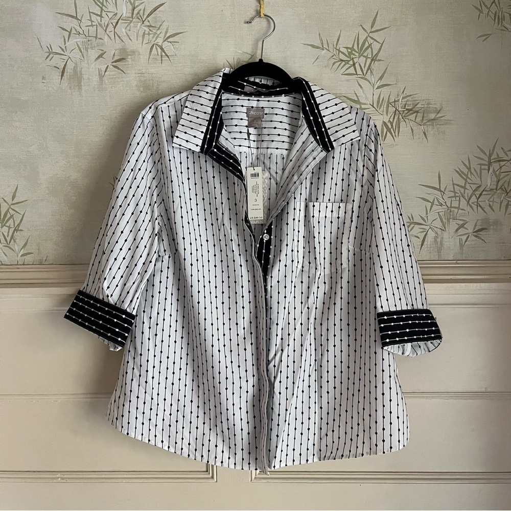 Chico's No Iron Cotton 3/4 Sleeve Polka Blouse NWT - Size 3 (Womens 16-18)